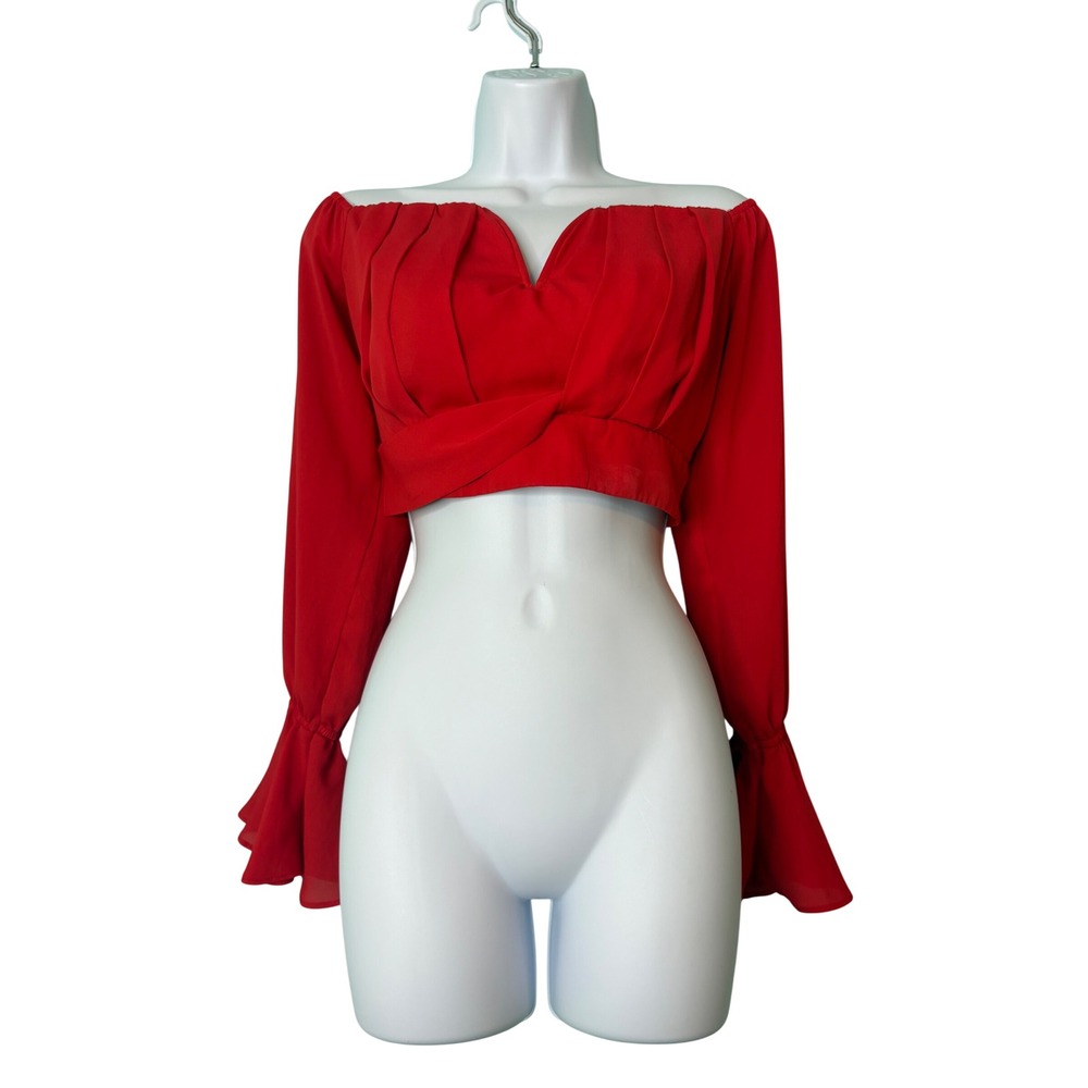 Banjul‎ Red Off Shoulder Long Sleeve Crop Top Bell Sleeve Ruffle Sm Resort Sexy